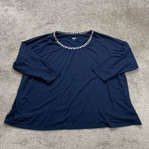 Lands' End Blouse Womens 3XL Navy Blue 3/4 Sleeve Round Neck Heart Soft Stretch